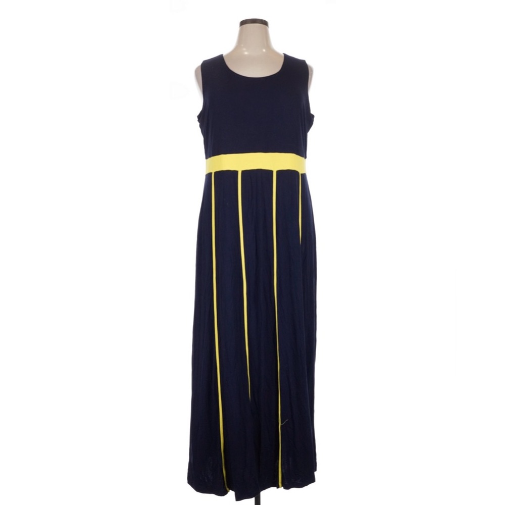 Sleeveless Plus Navy Maxi Dress with Yellow Waistband and Vertical Trim - 1X